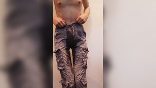 Topless trans hotty sluggishly pees in her taut cargos