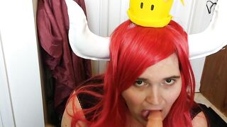 jock hungry Bowsette blowing a sex toy cosplay