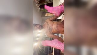 Ts Diana Deelight in sexy pink fishnet getting her vagina stretched