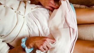 Super Turned on Transfemme Sissy has Machine Shoving Buried Toy Inside Layers of Silky Pants and Pantyhose.