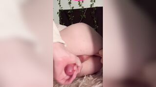 Trans beauty screws sex toy and squirts jizz flow