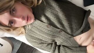Hung blond trans in knit cardigan jerks off and cums