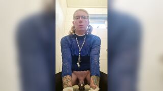 Sissy in blue lace top riding sex tool