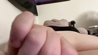 Trans fem plays with her titties, jerks off, rubs cum on her own bazookas, then gives herself a tit hickey!
