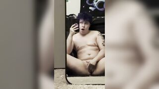 Trans guy masturbating in mirror full face