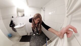 Trap Riding Vibrator in Hotel Baths and Fires Cum on the Floor