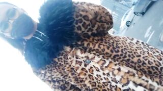 Oriental Sissy Ladyboy Walking in the Town in Leopard Coat
