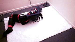 Crossdresser in Workout Catsuit Struggles