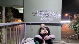 Riding a Thick Sex Toy to Climax by a Busy Road