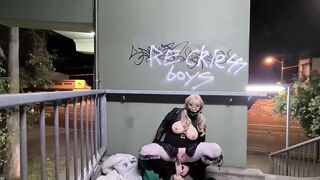 Riding a thick vibrator to climax by a busy road (short)