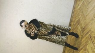 Oriental Sissy Ladyboy in Hot Leopard Coat and Leopard Dress and in High Heels Showing her Hawt Body